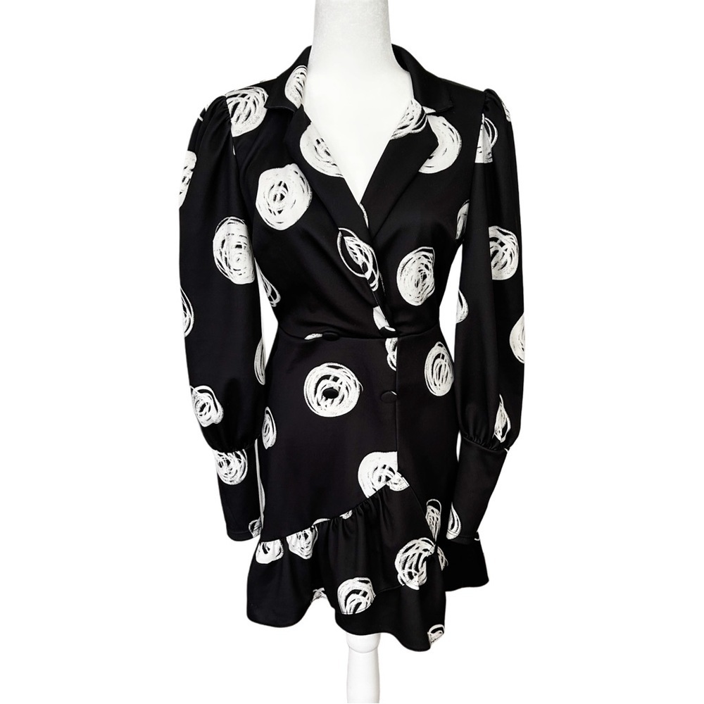 ASOS DESIGN Black White Tux Wrap Fluted Hem Mini Dress Size 8